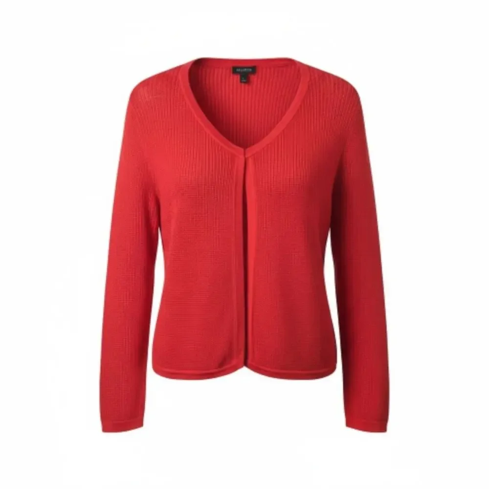 Talbots Red Open Front Cardigan Sweater L Pointelle Knit Cotton Modal Office